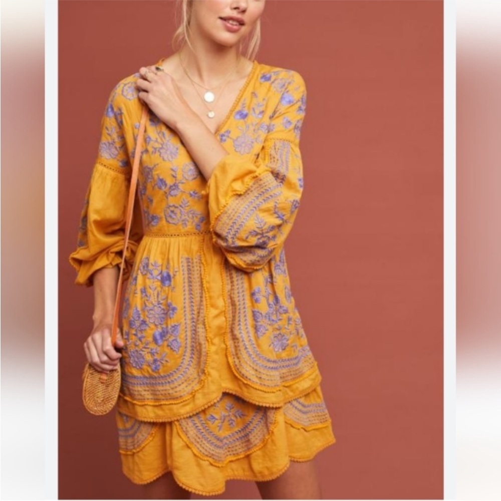 Anthropologie Yellow and Purple Floral Mini Dress